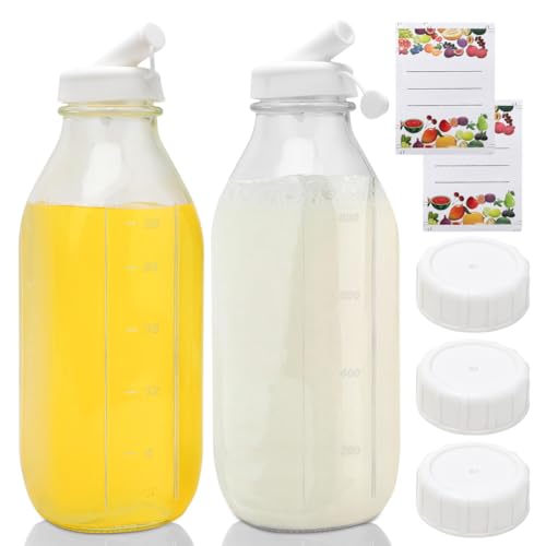 2 Set Glasflaschen mit Deckel 1000 ml, Milchflaschen mit Deckel Luftdicht Smoothie Flaschen Wiederverwendbare, Klarglasflasche für Heiße und Kalte Getränke, Saftflaschen mit Kapazitätszeichen von MIUUIPI