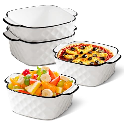 MIUUIPI Keramik Auflaufform 4er Set, 14.5 x 11.5 x 5.5cm Quadratische Auflaufform mit Griffe, Stapelbares Keramik Backform für Fritteuse, Backofen und Mikrowellen Sicher, 400ML Kleine Backformen von MIUUIPI