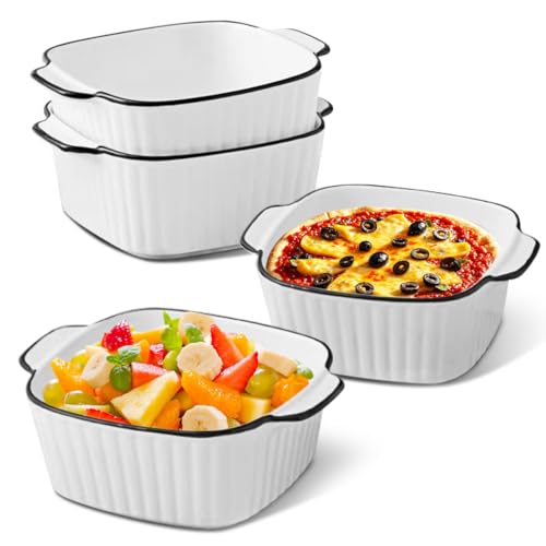 MIUUIPI Keramik Auflaufform 4er Set, 14.5 x 11.5 x 5.5cm Quadratische Auflaufform mit Griffe, Stapelbares Kleine Keramik Backform für Fritteuse, Backofen und Mikrowellen, 400ML Backformen von MIUUIPI
