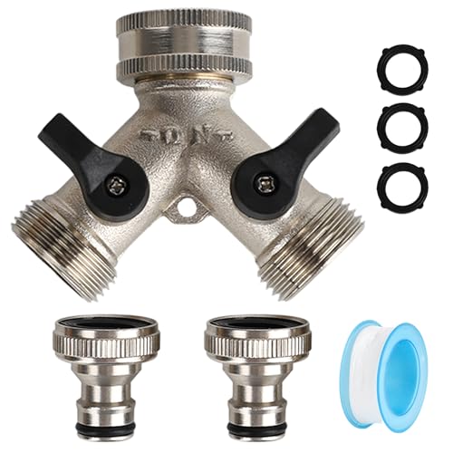 Messing Gartenschlauch Verteiler, 2 Wege Verteiler 3/4 Zoll Y Verteiler, Wasserverteiler mit 2 Wasserhahn Adapter für Waschmaschine,Küche,Garten Wasserhähne von MIUUIPI