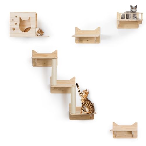 MIUZMORE Katzenwandgestell aus Kiefernholz, Klettergerüst, Set mit 5 Katzenwandmöbeln, Katzenregalen und Sitzstangen für Wände, Sisalpfostenleiter, Katzenstufen und Katzenreiseplattform von MIUZMORE