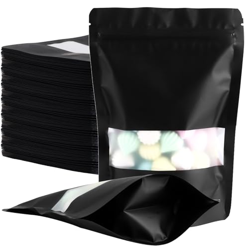 MIVIDE 100 Stück Wiederverschließbare Mylar Beutel, 14 x 20 cm Standbodenbeutel mit Fenster Aluminiumfolie, Standbar Mylar Beutel Schwarz zur Aufbewahrung von Lebensmitteln von MIVIDE