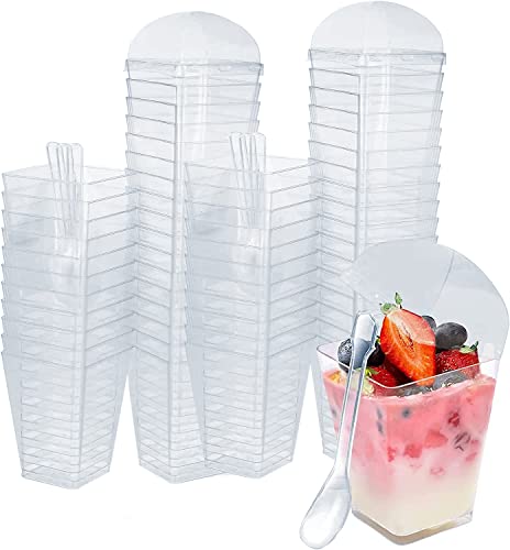 MIVIDE 100stk. Desserttassen mit 100 Deckel und 100 Löffeln, 150ml/5oz Dessertgläser Plastik, Quadratische Dessertbecher mit Deckel für Dessertparty, Pudding, Mousse, Eis von MIVIDE