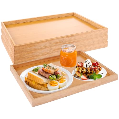 MIVIDE 4 Stück Tablett Serviertablett Bambus Holz, Serviertablett Groß 37x26x2.5cm, Holz Servierplatte, Holztablett Rechteckig für Frühstück, Tee, Couchtisch, Getränke von MIVIDE