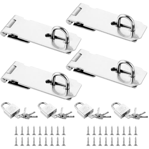 MIVIDE 4 Stück Vorhängeschloss Haspe Edelstahl 4 Zoll mit 4 Stk. Vorhängeschloss, Scherheitsüberfalle mit Schrauben, Vorhängeschloss Riegel für Vorhängeschloss, Schränke, Türen, Silber von MIVIDE
