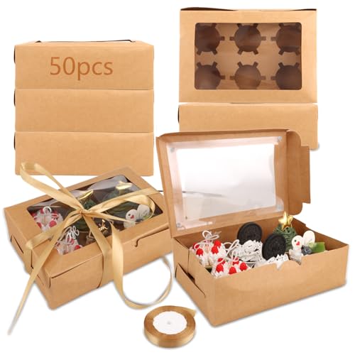 MIVIDE 50stk. Cupcake Box 6er, Cupcake Muffin Box mit Fenster und Seil, Cupcake Transportbox für Muffins, Kleine Kuchen, Cupcakes, Gebäck und Kekse von MIVIDE