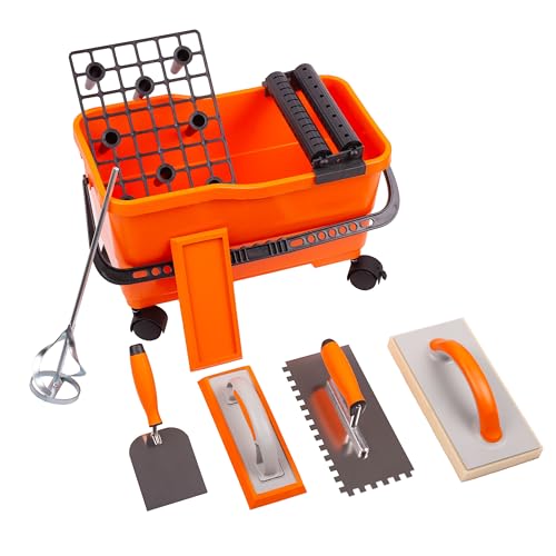 MIVOS Fliesenwaschset 7-teiliges Fliesenleger Waschset mit Räder - Profi Fliesen Waschset - Stukkateurspachtel - Zahnkelle - Schwammbrett - Reibebrett - Eimer 22L - Mörtelmischer MIVOS Fliesenwaschset 7-teiliges Fliesenleger Waschset mit Räder - Profi Fliesen Waschset - Stukkateurspachtel - Zahnkelle - Schwammbrett - Reibebrett - Eimer 22L - Mörtelmischer von MIVOS