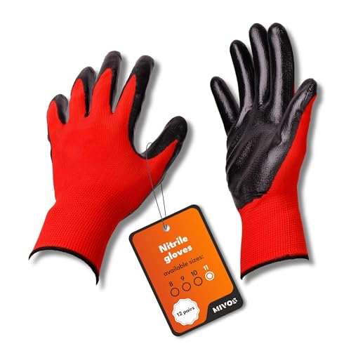 MIVOS Schutzhandschuhe 12 Paar - Größe 11 - Handschuhe für Herren und Damen - Arbeitshandschuhe mit Nitril-Beschichtung und optimaler Griffigkeit - Gartenhandschuhe - ideal für Montagearbeit von MIVOS