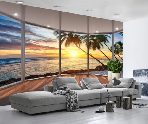 Fototapete 3D Effekt Tapete Balkon Meer Strand Tapeten Vliestapete Wandbilder Schlafzimmer Wanddeko Wohnzimmer -MW253598-430cmx300cm von MIWEI Wallpaper