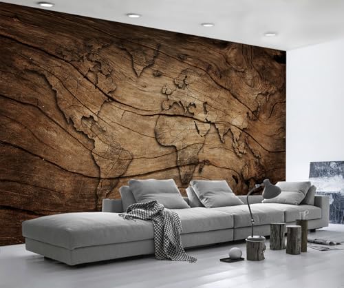 Fototapete 3D Effekt Tapete Holz Effekt Weltkarte Tapeten Vliestapete Wandbilder Schlafzimmer Wanddeko Wohnzimmer -MW253730-380cmx260cm von MIWEI Wallpaper