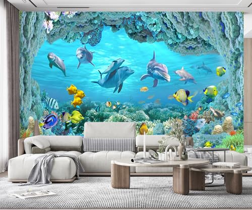 Fototapete 3D Tapete Kinderzimmer Deko Unterwasserwelt Kinderzimmer Delphin Tapeten Vliestapete Wandbilder Schlafzimmer Wanddeko Wohnzimmer Wandgemälde von MIWEI Wallpaper