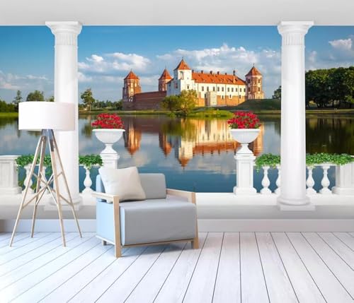 Tapete Fototapete Balkon Schloss See Vliestapete Tapeten 3D Effekt Wohnzimmer Schlafzimmer Wanddeko -KX16278, 400x255cm von MIWEI Wallpaper