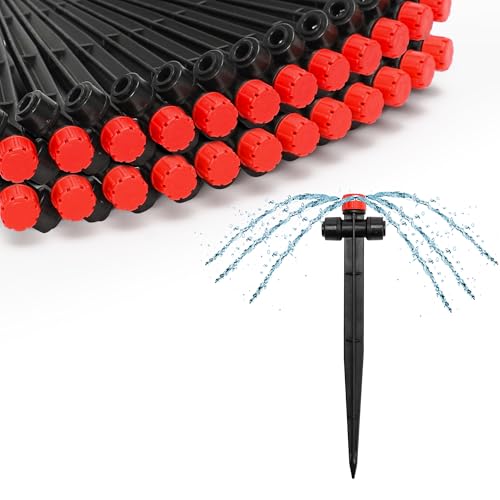 MIXC 20 Stück Zwei-Wege-Schnellverbindungs-Tropfbewässerungsstrahler für 6,35 mm Tropfbewässerungsschläuche – verstellbarer Push-to-Connect 360°-Tropfstrahler, Stream auf 17,8 cm stabilem Pfahl für von MIXC