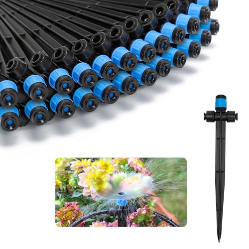 MIXC 20 Stück Zwei-Wege-Schnellverbindungs-Tropfbewässerungsstrahler für 6,35 mm Tropfbewässerungsschläuche – verstellbarer Push-to-Connect 360°-Tropfstrahler, Vortex auf 17,8 cm stabilem Pfahl für von MIXC