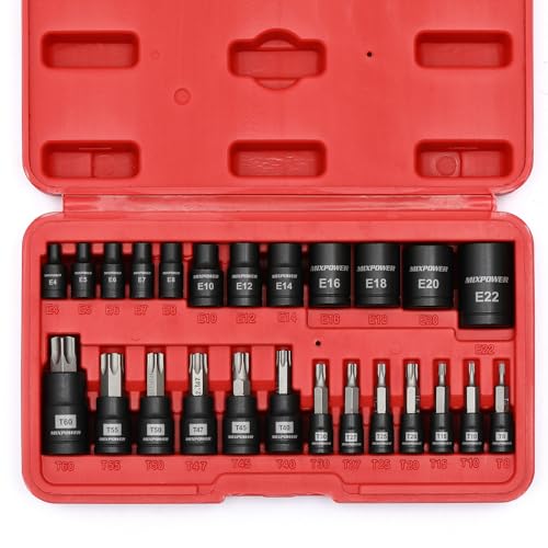 MIXPOWER 25-Piece Torx Bit Socket and Female External Socket Set, 13 Star Socket Bits (T8- T60) & 12 Female E-Torx Sockets (E4-E22) von MIXPOWER