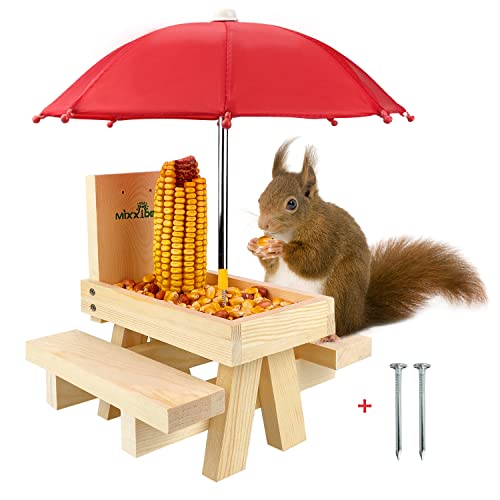 MIXXIDEA Eichhörnchen-Futterstation mit Regenschirm,hölzerner Eichhörnchen-Picknick-Tisch Futterspender, langlebiger Eichhörnchen-Futterspender für Maiskolben, mit Solider Struktur(1 Stück) von MIXXIDEA