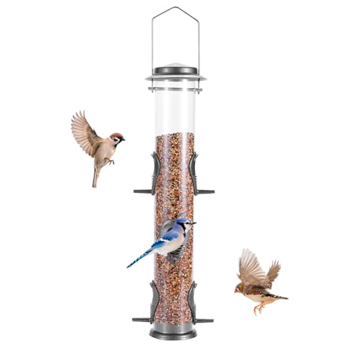 MIXXIDEA Vogelfutterspender aus Metallrohr für den Außenbereich, zum Aufhängen, für Wildvögel, 6 Anschlüsse, hängende Vogelfutterstation, zieht Vögel im Garten, Balkon an (Grau) von MIXXIDEA