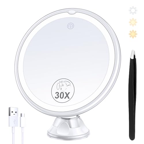 MIYADIVA Beleuchteter Makeup-Spiegel mit 30-facher Vergrößerung, 30X Vergrößerungsspiegel Saugnapf mit Licht, 3 Farben Modi und einstellbare Helligkeit, Saugnapf Spiegel für Vanity Mirror 1500mAh MIYADIVA Beleuchteter Makeup-Spiegel mit 30-facher Vergrößerung, 30X Vergrößerungsspiegel Saugnapf mit Licht, 3 Farben Modi und einstellbare Helligkeit, Saugnapf Spiegel für Vanity Mirror 1500mAh von MIYADIVA