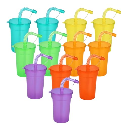 12 Stück Becher Tasse Partybecher Trinkbecher mit Deckel und Strohhalmen 380 mL Plastikbecher Mehrwegbecher Neon Sipper Cups für Eiskaffee Kaltes Trinken Smoothie von MIYUANGKJ