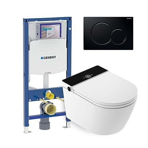 Mizubath - Rada LED-Display Intelligentes hängendes WC Set - Wasserreinigung und Lufttrocknung | Einbaurahmen Geberit Duofix 12 cm Tiefe | Sigma 01 Doppelspülplatte schwarz von MIZUBATH