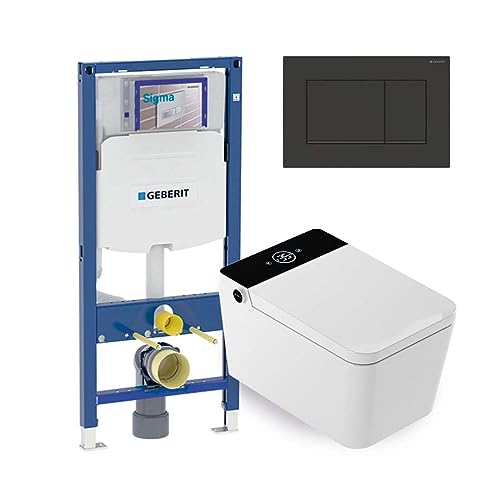 Mizubath - Intelligentes Hänge-WC-Set Isla Display LED schwarz – Wasserreinigung und Lufttrocknung | Geberit Duofix Unterputzrahmen 12 cm Tiefe | Sigma 30 Doppelspülplatte schwarz von MIZUBATH