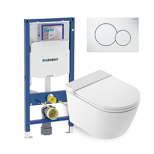 Mizubath - Intelligentes hängendes WC Set Isla LED-Display weiß - Wasserreinigung und Lufttrocknung | Einbaurahmen Geberit Duofix 12cm Tiefe | Sigma 30 Doppelplatte Spülung weiß von MIZUBATH