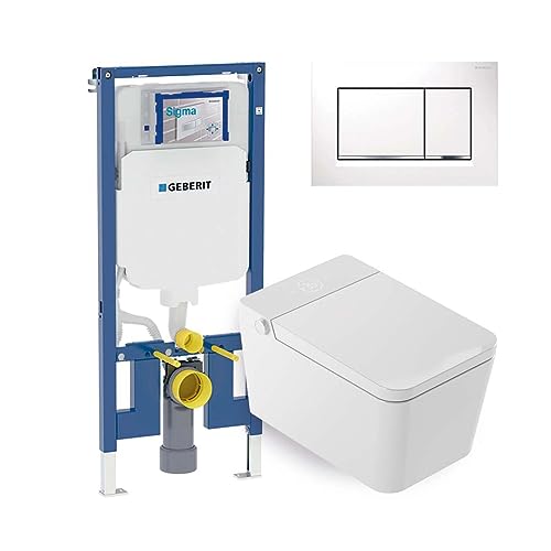 Mizubath - Intelligentes hängendes WC Set Isla LED-Display weiß - Wasserreinigung und Lufttrocknung | Einbaurahmen Geberit Duofix 8cm Tiefe | Sigma 30 Doppelplatte Spülung weiß von MIZUBATH