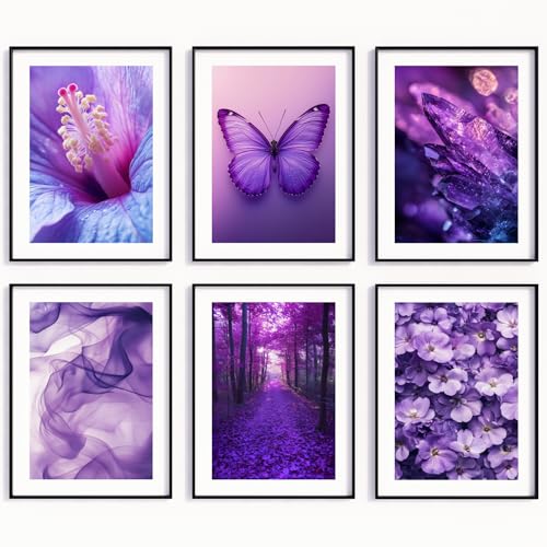 MJ-GRAPHICS® 6 Poster Purple Harmony Poster Set Lila Schmetterling Bild Blumen Kunstdruck Frauen Wohnzimmer Wandbild Lila Schmetterling Blume Kristall Ästhetik Natur Boho Kunst – A2 Ohne Rahmen von MJ-GRAPHICS