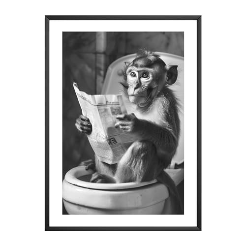 MJ-GRAPHICS® | Badezimmer Deko Bilder - Affe Badezimmer Deko Bild Schwarz-Weiß | Witzige Wanddekoration für Toilette - lustige Wanddeko - WC Toilette Deko| Din A2 Qualitätsdruck - ohne Rahmen von MJ-GRAPHICS
