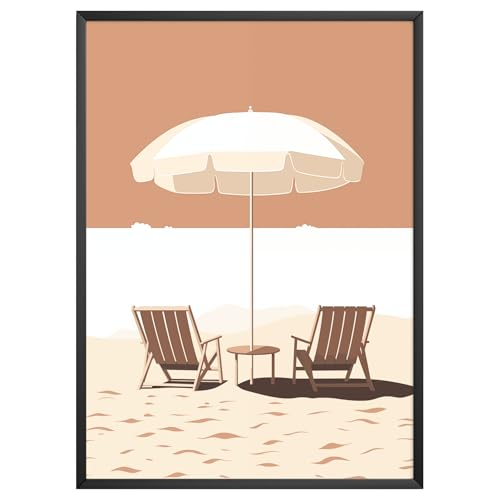 MJ-GRAPHICS® BildStrand Stühle Poster Urlaub Kunstdruck Wohnzimmer Sommer Wandbild Meer Minimalistische Kunst Sommer Boho Maritim Beige Braun Deko – A4 Ohne Rahmen von MJ-GRAPHICS