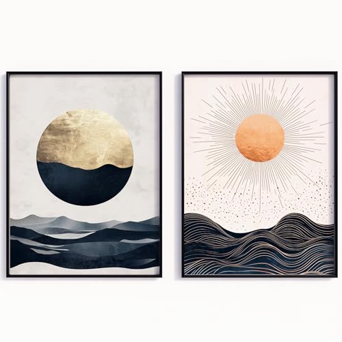 MJ-GRAPHICS® Boho Posterset Goldene Sonne & Wellen Boho Wanddeko Minimalistische Wandkunst Fine Art Natur Deko Wohnzimmer Schlafzimmer Büro Meditationsraum Vintage Wandbild A4-Format, ohne Rahmen von MJ-GRAPHICS
