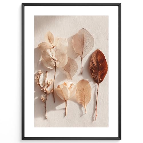 MJ-GRAPHICS® Herbstblätter Poster Wandbild Natur Fine Art Boho Skandi Stil Deko für Flur oder Wohnzimmer – A2 Poster mit Rahmen Holz Schwarz von MJ-GRAPHICS