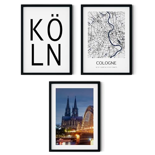 MJ-GRAPHICS® - Köln Wandbilder Wohnzimmer Cologne Kölner Dom Stadtkarte Poster, 3x A3, Bilder Wohnzimmer, Bilder Schlafzimmer, Leinwandbild, Büro Schlafzimmer, Wanddeko ohne Rahmen von MJ-GRAPHICS