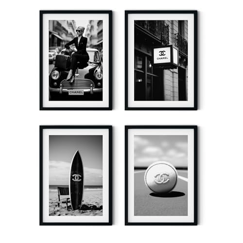 MJ-GRAPHICS® - Mood Poster Set Coco Schwarz-Weiß - Bilder Wohnzimmer Deko Schlafzimmer - Glamour Lifestyle Mode Wandposter - 4xA2 Art Kunstdruck - Oldtimer Surfen Mode Fashion, Vintage - ohne Rahmen von MJ-GRAPHICS