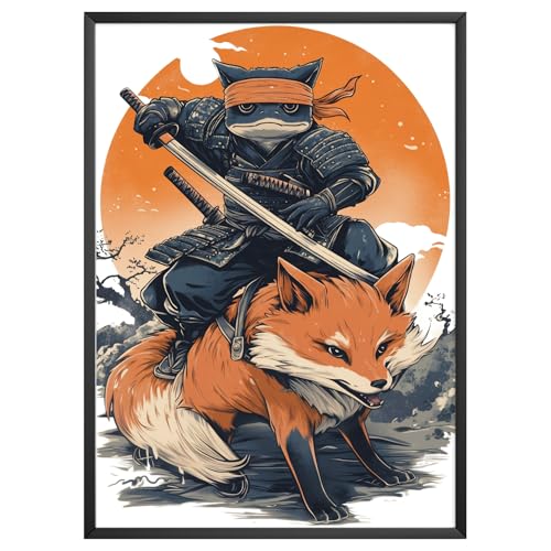 MJ-GRAPHICS® Poster Ninja Fuchs Japan Kunst Samurai Anime Tier Retro Wandbild Wohnzimmer Kinderzimmer Büro Gaming Fine-Art Ukiyo-e A3-Format, ohne Rahmen von MJ-GRAPHICS