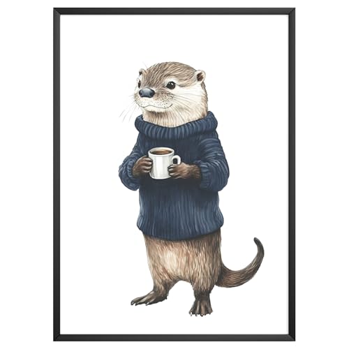 MJ-GRAPHICS® Poster Otter Bild A2 Wandbilder Poster Küche Lustig Kaffee Poster Otter Tierbild Wohnzimmer Küche Flur Deko FineArt Aquarell Geschenk für Tierliebhaber – ohne Rahmen von MJ-GRAPHICS