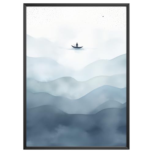 MJ-GRAPHICS® Poster Ozean Nebel Boot Poster Sommer Landschaft Kunstdruck Wohnzimmer Wandbild Japanischer Minimalismus Natur Stille Kunst Wasser Blau Beige – A2 Ohne Rahmen von MJ-GRAPHICS