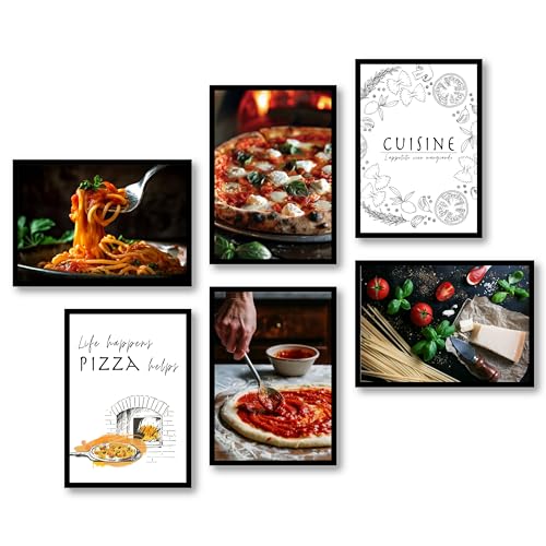 MJ-GRAPHICS® Poster Pizza Pasta Deko Küche 6xA4 Bilder Küche Küche Poster Wanddeko Bilderset Kaffee Nudeln Spruch Bild Küche Poster Set Küche Pizza Bilder Italien Wandbild Küche - ohne Rahmen von MJ-GRAPHICS