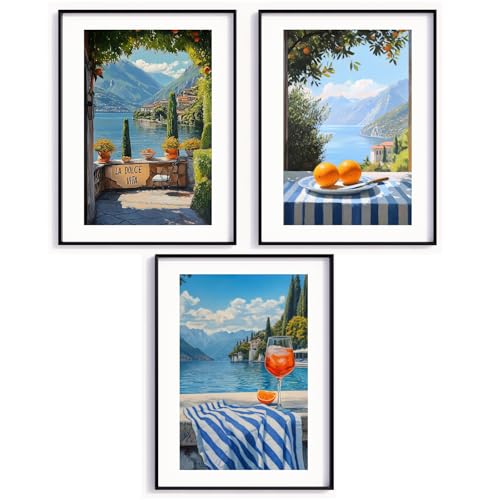MJ-GRAPHICS® Poster-Set Comer See Dolce Vita Italien Fine-Art Aperol Poster Küchenbild Wohnzimmer Esszimmer Deko Wandbild Sommer Kunst Urlaub See Aperol – A4-Formate, ohne Rahmen von MJ-GRAPHICS