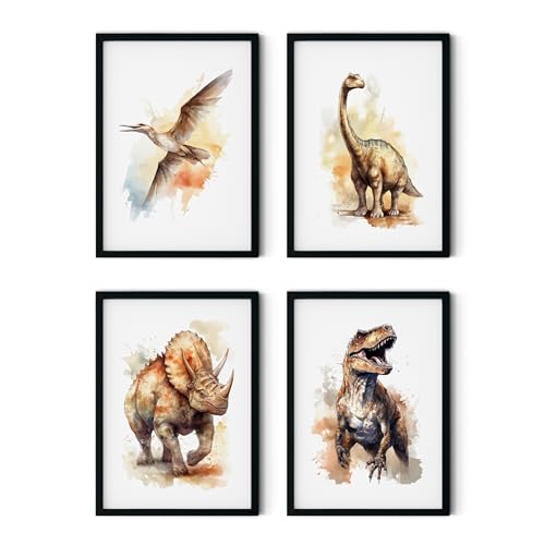 MJ-GRAPHICS® Poster Set Dinosaurier Jungen Kinderzimmer & Spielzimmer Poster Kinderzimmer Deko, 4xA3 Babyzimmer Bilder Wanddeko Babyzimmer Dino Deko Bilder Kinderzimmer Deko Dino-Welt ohne Rahmen von MJ-GRAPHICS