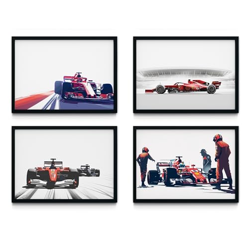 MJ-GRAPHICS® Ferrari Rot Autos Poster Set, Formel 1 Deko, 4xA4 Rennstrecke F1 Bilder, Kinderzimmer Junge Deko, Büro Bilder, Gaming Zimmer Poster Ohne Rahmen von MJ-GRAPHICS
