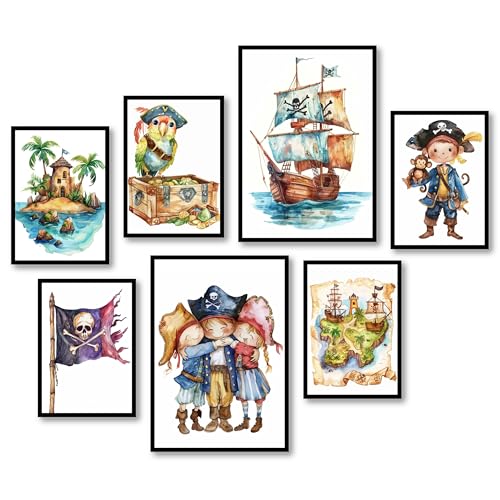 MJ-GRAPHICS® Poster Set Piraten Poster Kinderzimmer Deko, 2xA3 5xA4 Piratenschiff Wanddeko Kinderzimmer Deko Kinderzimmer Junge Freunde Poster Piraten Kinderzimmer, Schatzkarte Steuerrad ohne Rahmen von MJ-GRAPHICS