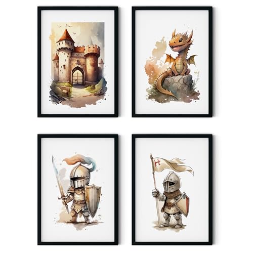 MJ-GRAPHICS® Poster Set Ritter Jungen Kinderzimmer & Spielzimmer Poster Kinderzimmer Deko, 4xA4 Babyzimmer Bilder Wanddeko Babyzimmer Drachen Deko Bilder Kinderzimmer Deko Ritter-Welt ohne Rahmen von MJ-GRAPHICS