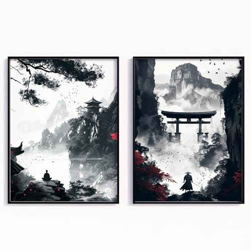 MJ-GRAPHICS® Poster Set Samurai Poster Krieger Schwarz-Weiß Japan Kunstdruck japanische Krieger Wandbild Gaming Bild Samurai Zen Dekoration Katana Fans Kampfkunst Poster – A2 Ohne Rahmen von MJ-GRAPHICS
