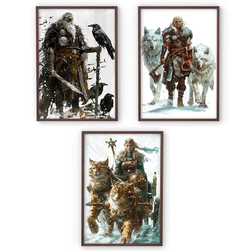 MJ-GRAPHICS® Poster Set Wikinger Jungen Kinderzimmer & Jugendzimmer Bilder Vikings Poster Gaming Zimmer Deko, 3xA3 Odin, Wolf, Thor Krieger Bilder Wanddeko Deko Bilder Gamer Deko Bilder ohne Rahmen von MJ-GRAPHICS