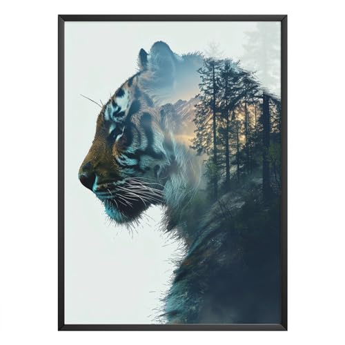 MJ-GRAPHICS - Poster mit Tiger - Bild mit Naturlandschaft 2 in 1 - Wandbild Din A3 in Galerie Qualität mit extra dickem 300g Posterpapier - Wald in Tiger - FineArt Kunstdruck ohne Bilderrahmen von MJ-GRAPHICS