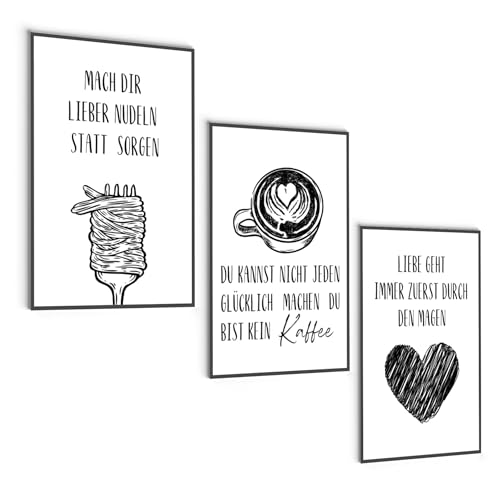 MJ-Graphics® Poster Pasta Deko Küche Cafe 3x A2 Bilder Witzig Wanddeko Bilderset Kaffee Nudeln Spruch Bild Küche Kaffeecke Wandbild - Ohne Rahmen von MJ-GRAPHICS