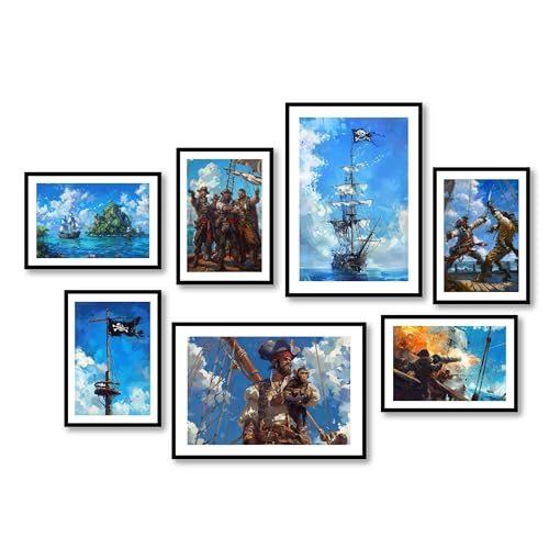 MJ-Graphics® Poster Set Piraten Junge Gamer & Jugendzimmer Bilder Kinderzimmer Pirates of the Caribbean Poster Gaming Zimmer Deko 2xA3 5xA4 Bilder Pirat Flagge Piraten Wanddeko Deko Bilder ohne Rahmen von MJ-GRAPHICS