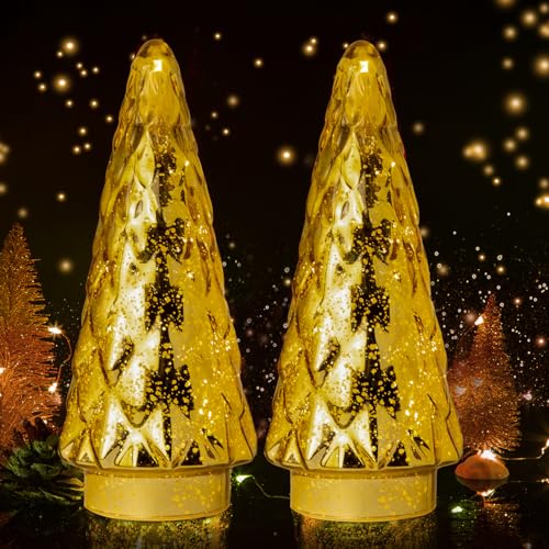 MJ PREMIER Glas Weihnachtsbaum, 2er Set Mini Weihnachtsbaum mit LED Batteriebetrieben Tischleuchte& Timer, Glas Künstlicher Tannenbaum, Weihnachtsdeko Weihnachts Desktop Dekoration (Gold) von MJ PREMIER