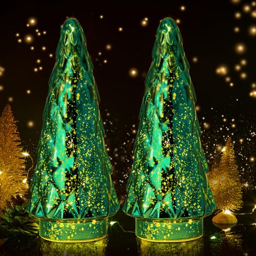 MJ PREMIER Glas Weihnachtsbaum, 2er Set Mini Weihnachtsbaum mit LED Batteriebetrieben Tischleuchte & Timer, Glas Künstlicher Tannenbaum, Weihnachtsdeko Weihnachts Desktop Dekoration (Grün) von MJ PREMIER